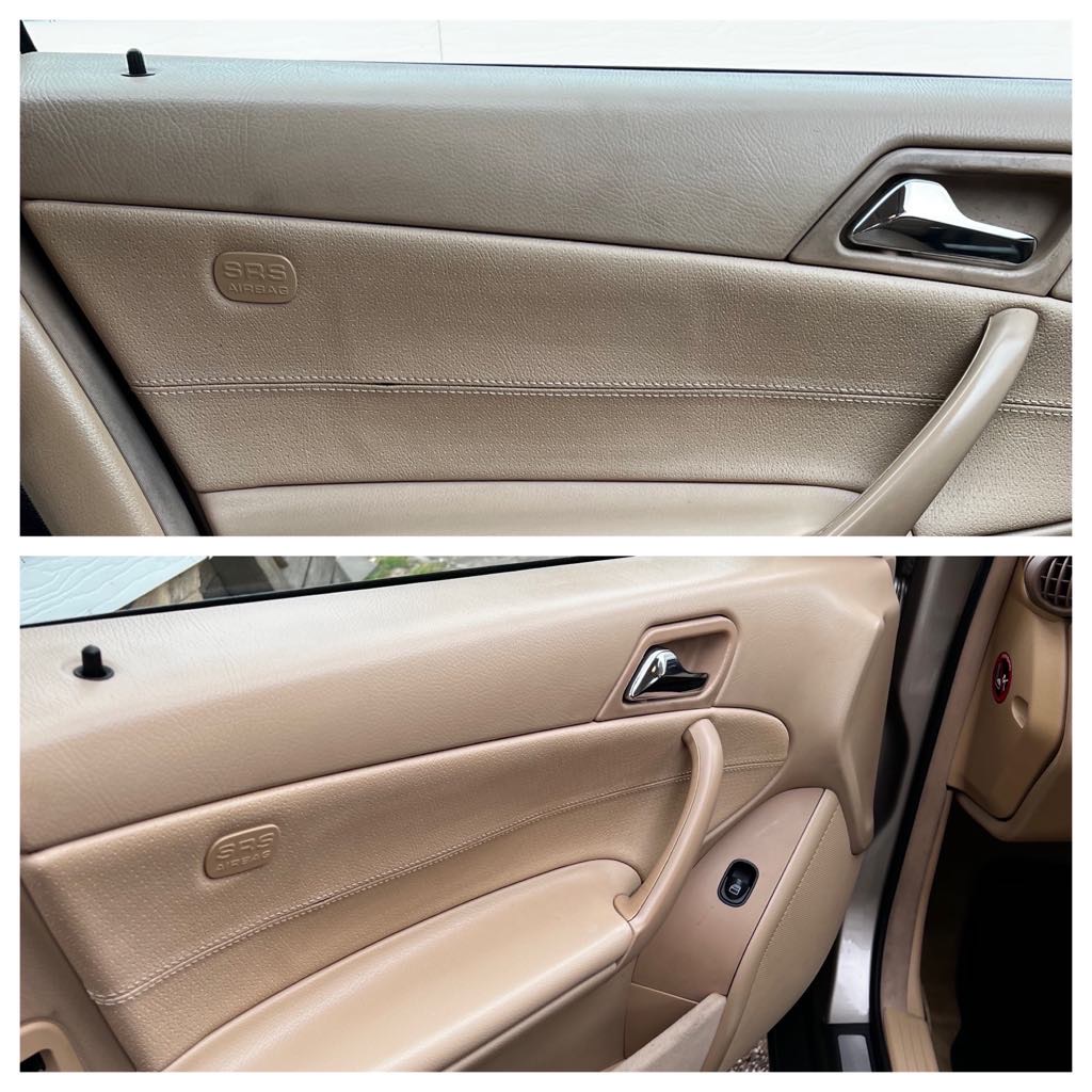 Before and after: door panel leather clean